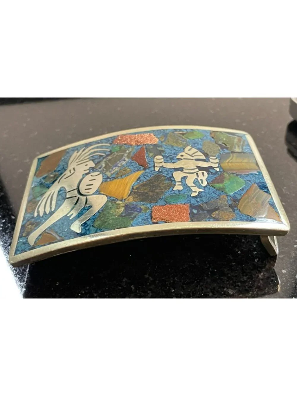 Vintage Southwestern Mosaic Stone Inlay Belt Buckle Pictorial Tribal Figures